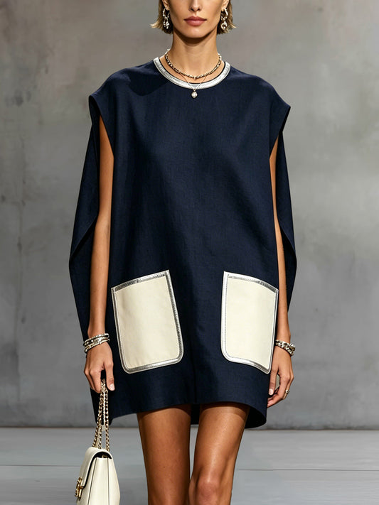 Vestido mini sin mangas azul marino con bolsillos parche en contraste