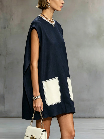 Vestido mini sin mangas azul marino con bolsillos parche en contraste