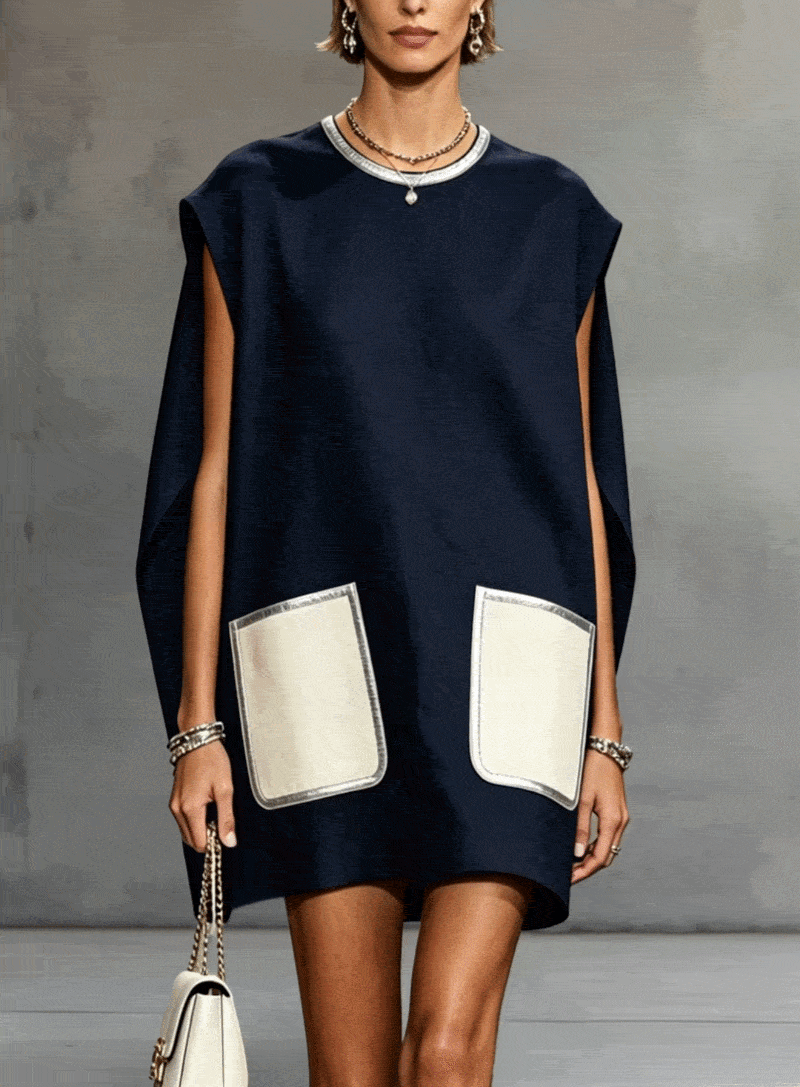 Vestido mini sin mangas azul marino con bolsillos parche en contraste