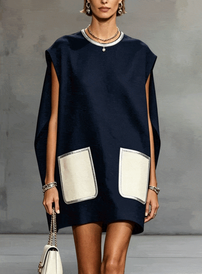 Vestido mini sin mangas azul marino con bolsillos parche en contraste