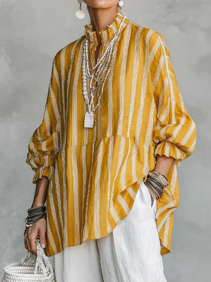 Camisa de lino con cuello mao y rayas