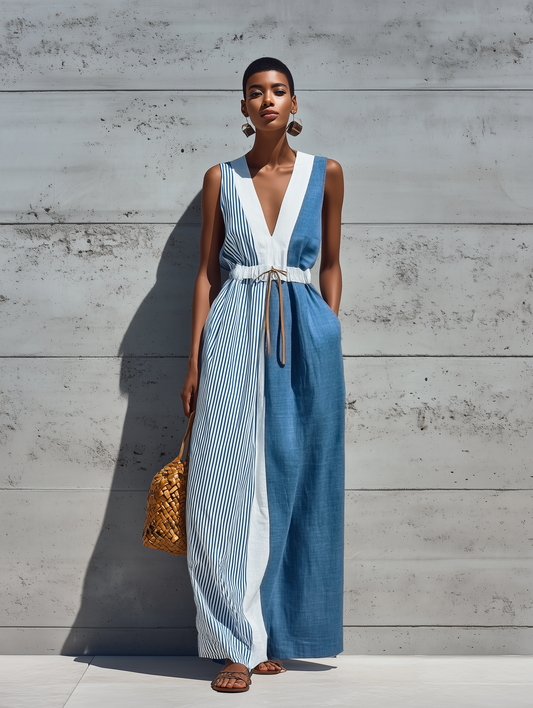 Vestido maxi con cordón y bloques de color