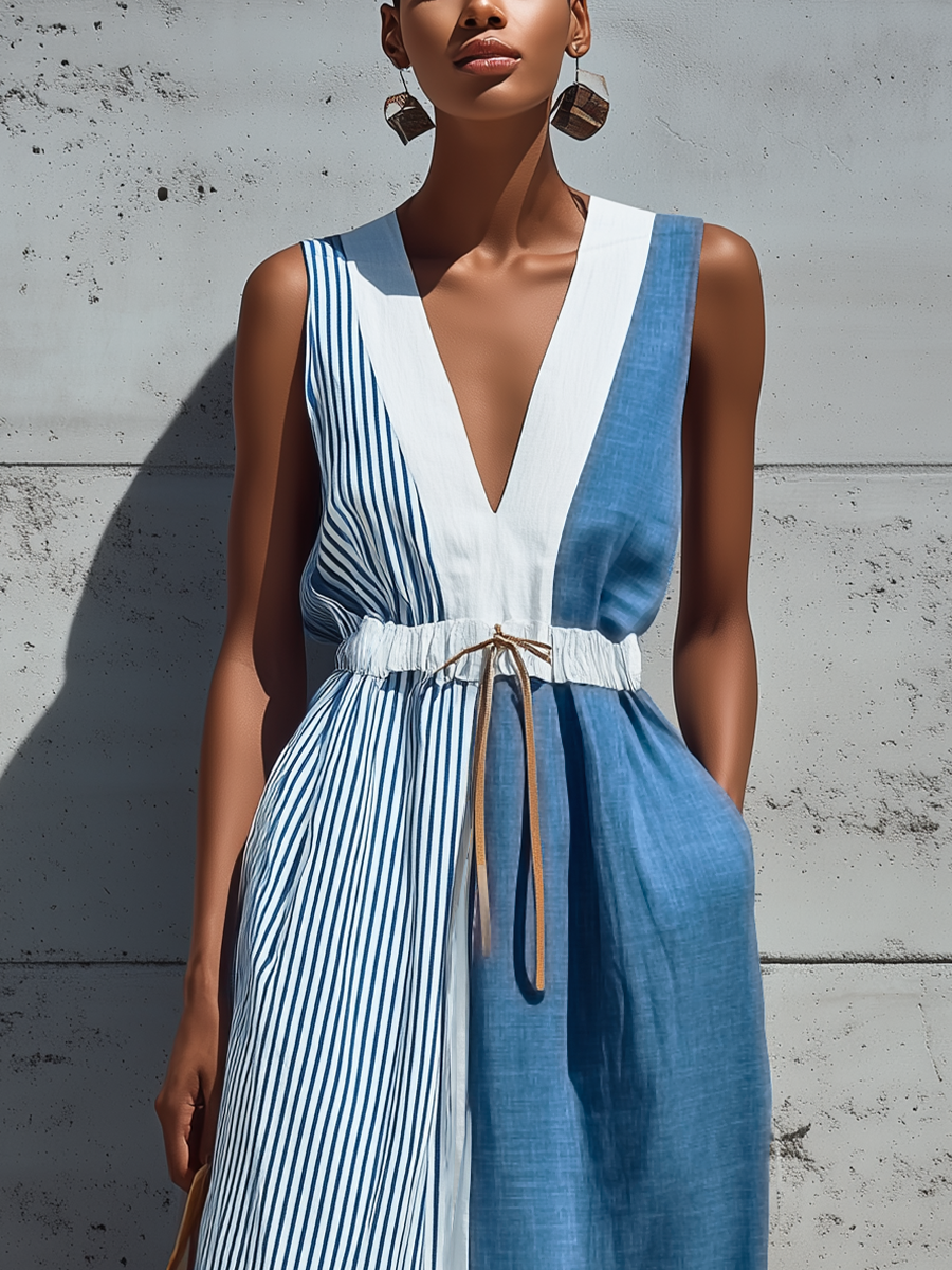 Vestido maxi con cordón y bloques de color