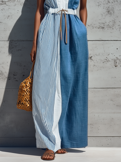 Vestido maxi con cordón y bloques de color