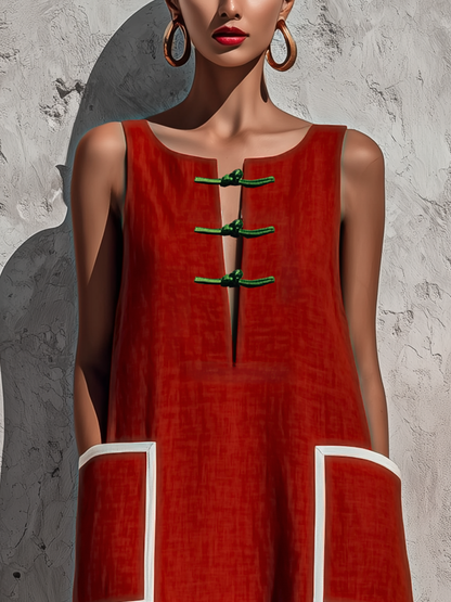 Vestido midi con bolsillo y ribete rojo
