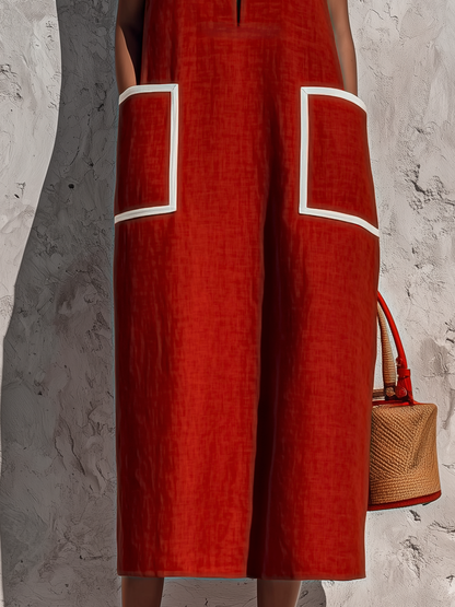 Vestido midi con bolsillo y ribete rojo