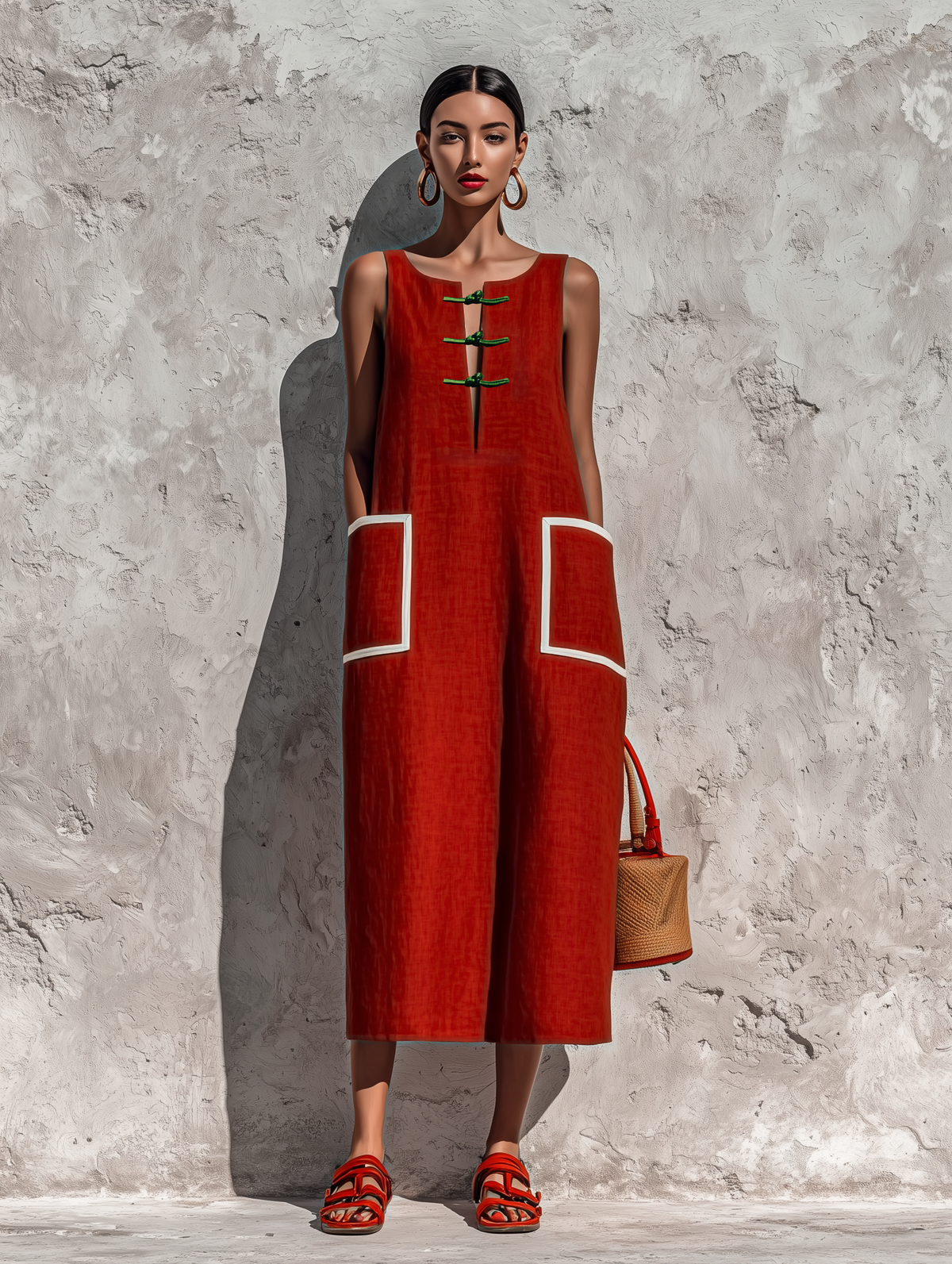 Vestido midi con bolsillo y ribete rojo