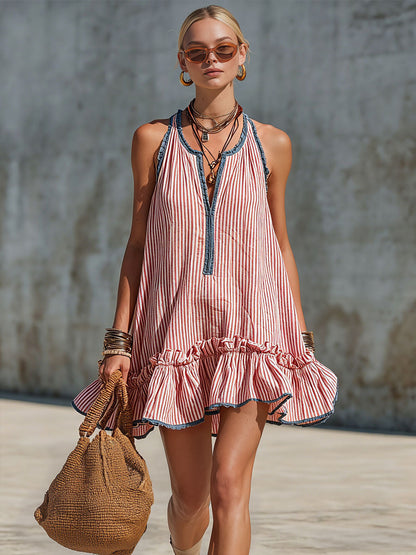 Vestido mini retro a rayas con volantes