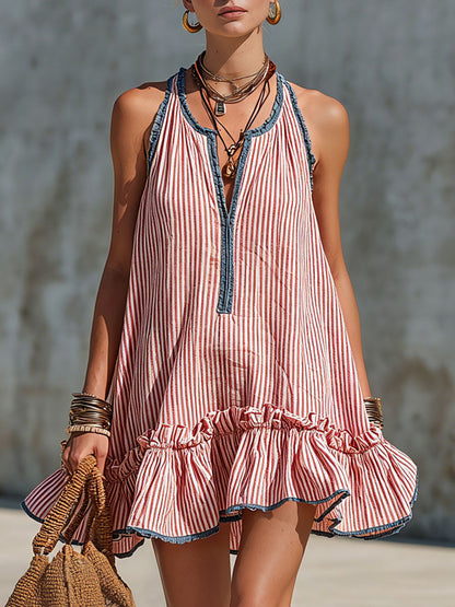 Vestido mini retro a rayas con volantes