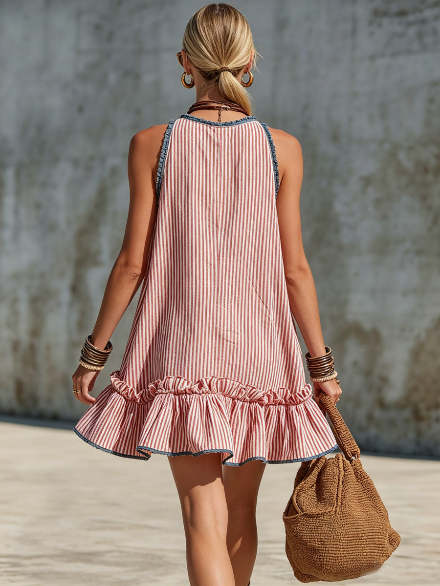 Vestido mini retro a rayas con volantes