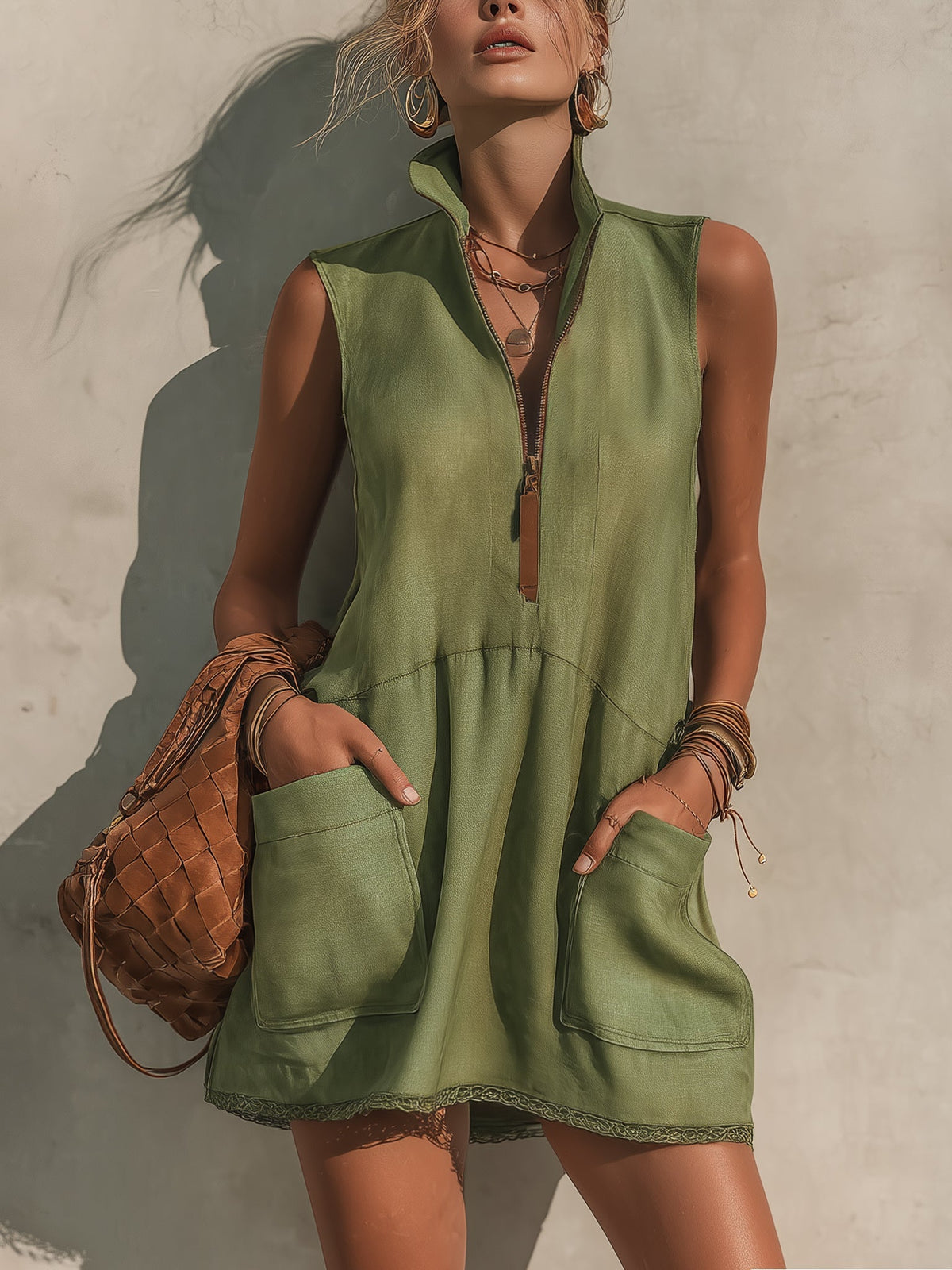 Vestido corto de lino con media cremallera