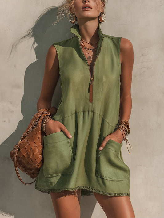 Vestido corto de lino con media cremallera