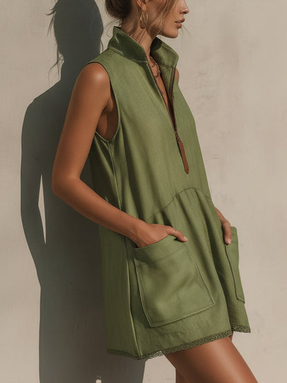 Vestido corto de lino con media cremallera