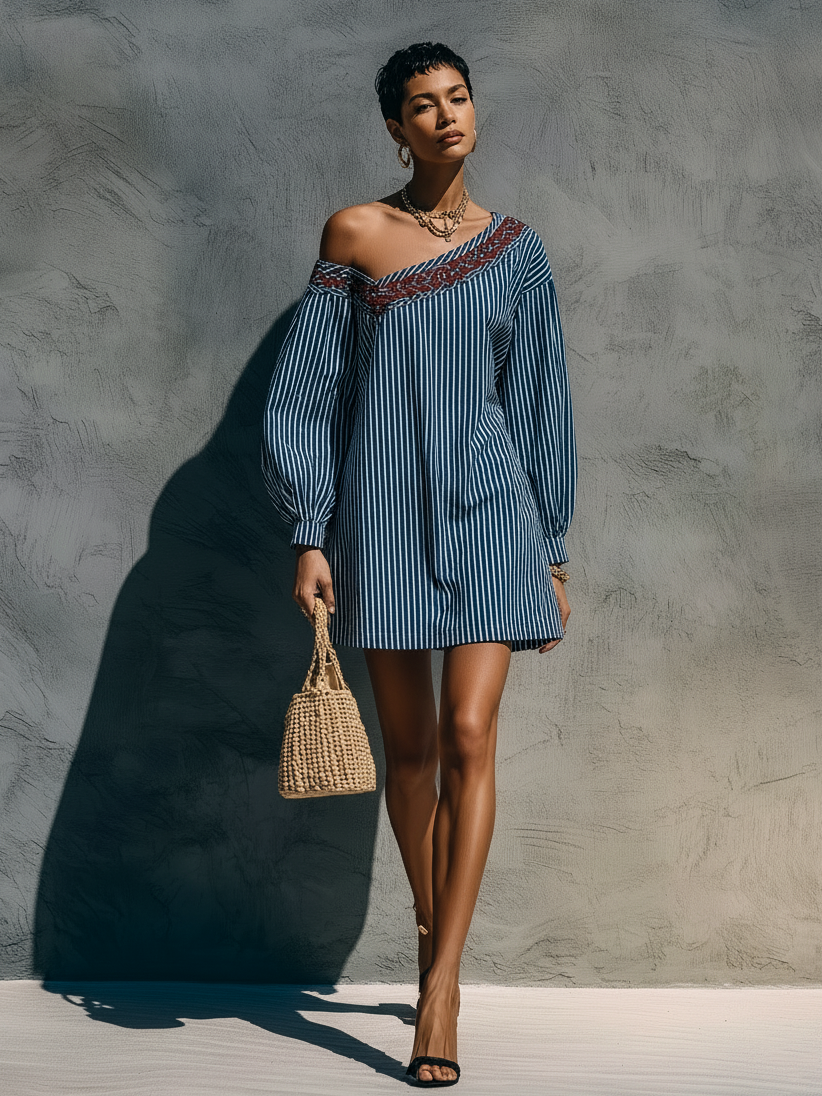 Vestido corto de un solo hombro con rayas