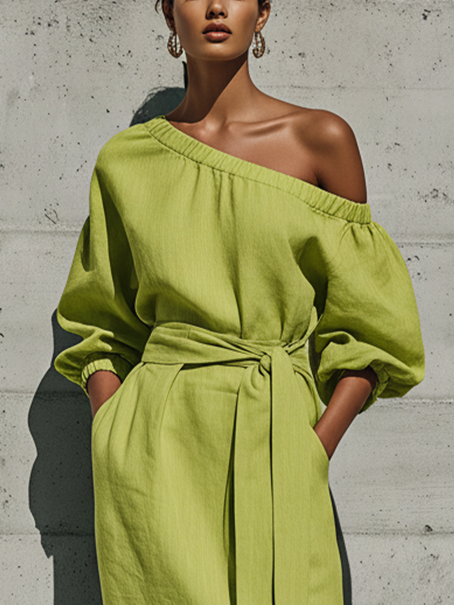 Vestido midi de lino con hombros descubiertos