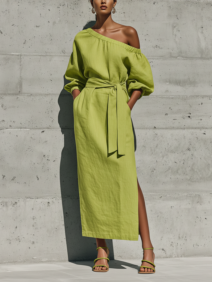 Vestido midi de lino con hombros descubiertos