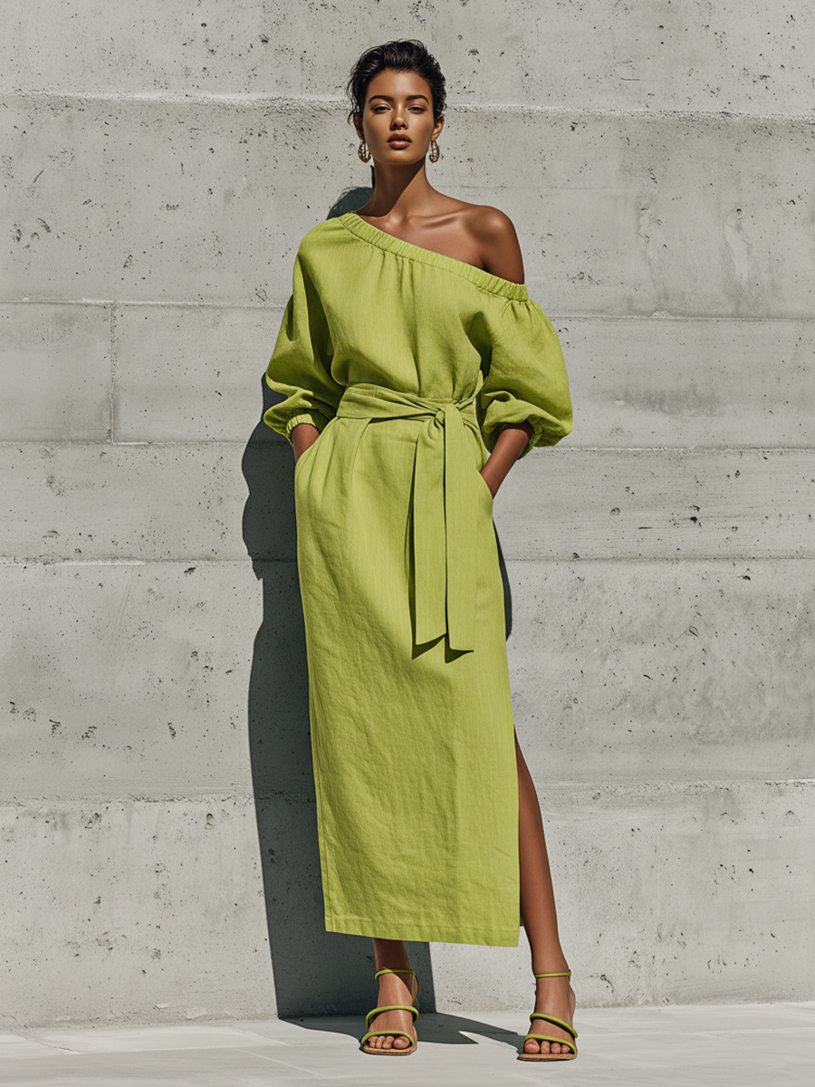 Vestido midi de lino con hombros descubiertos