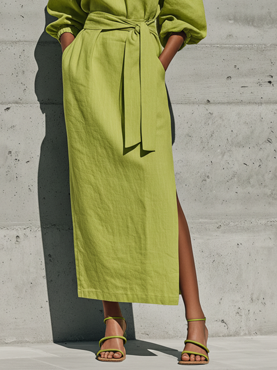 Vestido midi de lino con hombros descubiertos