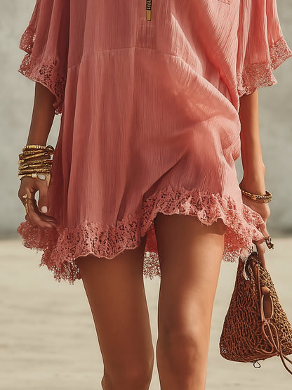 Vestido mini de gasa con cremallera y volantes