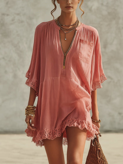 Vestido mini de gasa con cremallera y volantes