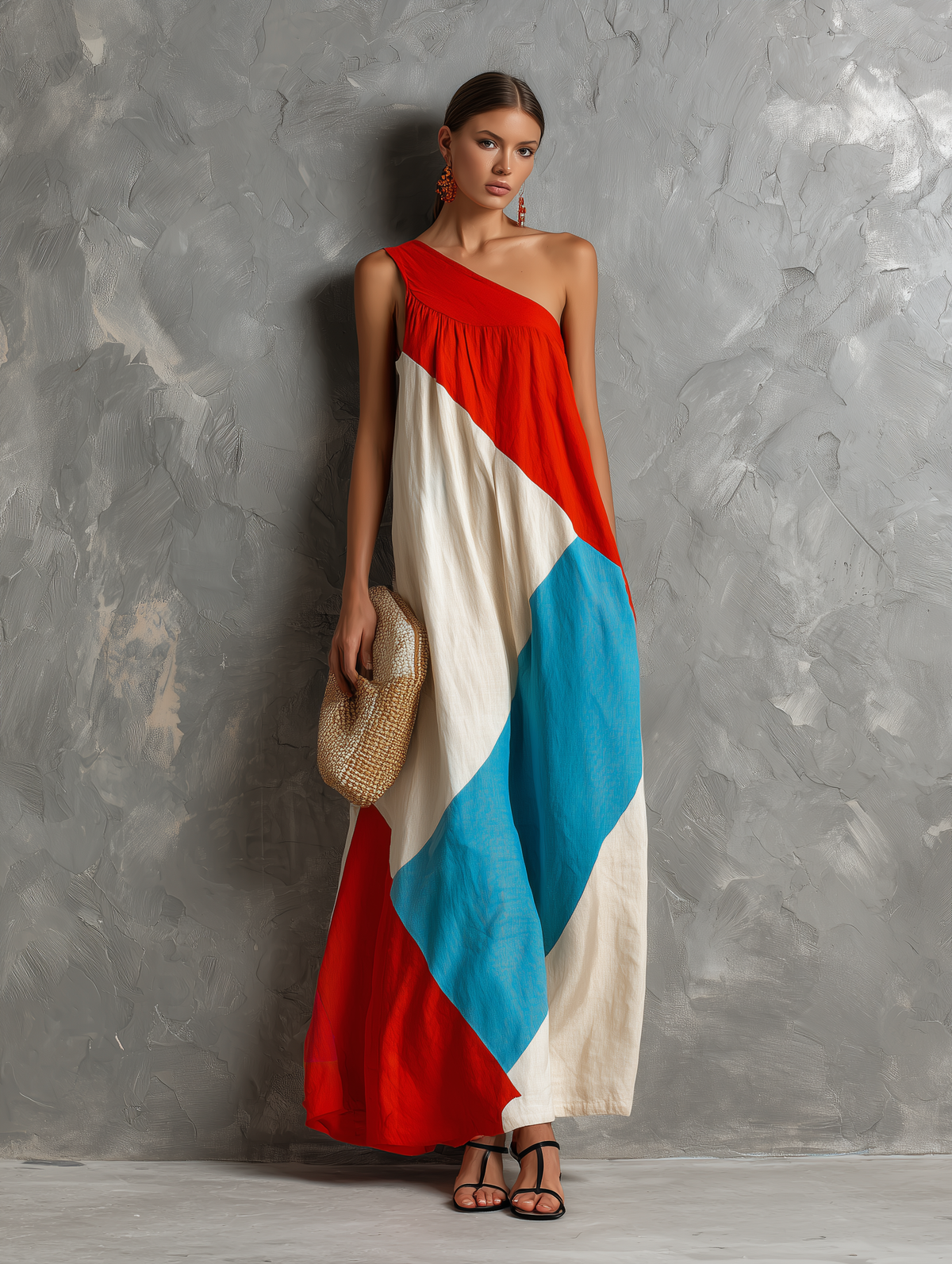 Vestido maxi de un solo hombro con bloques de color