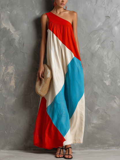 Vestido maxi de un solo hombro con bloques de color