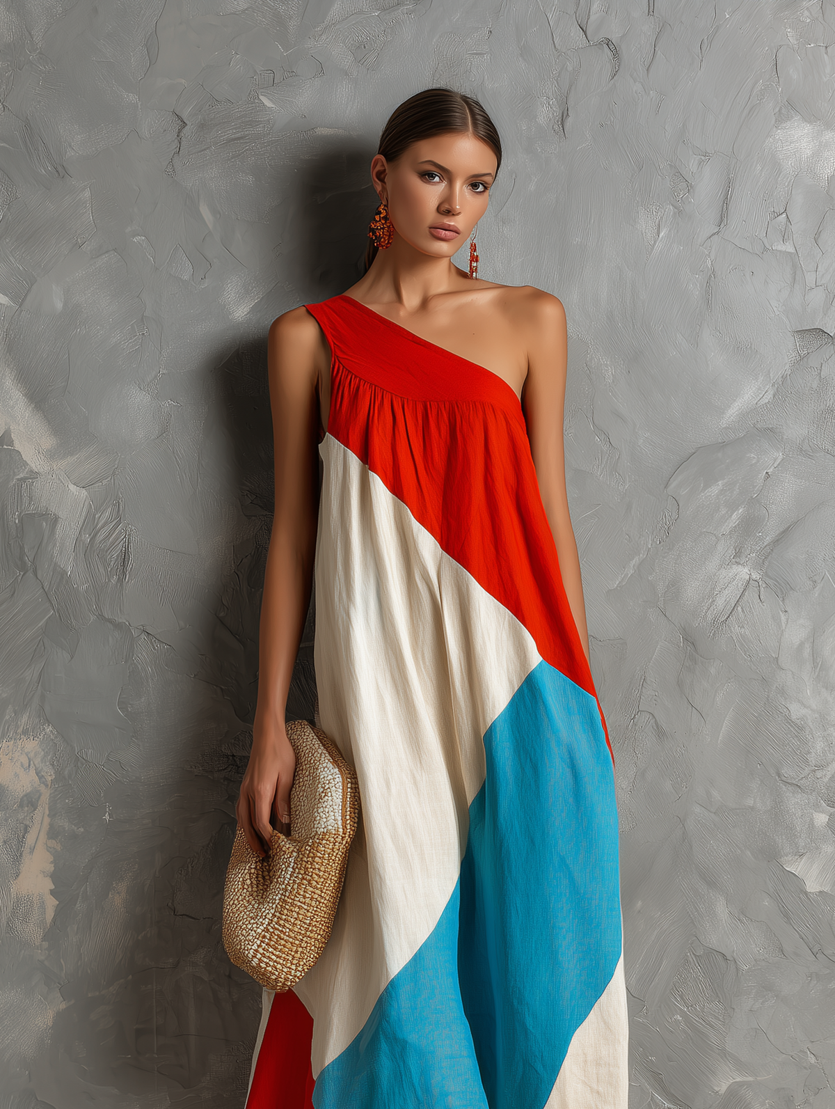 Vestido maxi de un solo hombro con bloques de color