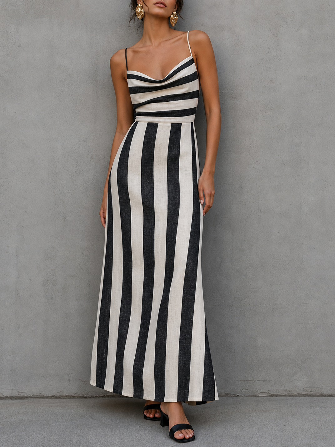 Vestido largo maxi con cuello cisne a rayas