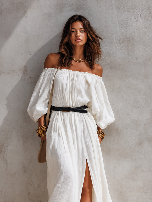 Vestido largo con cinturón y hombros descubiertos