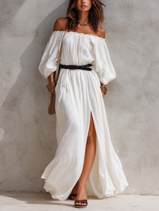 Vestido largo con cinturón y hombros descubiertos