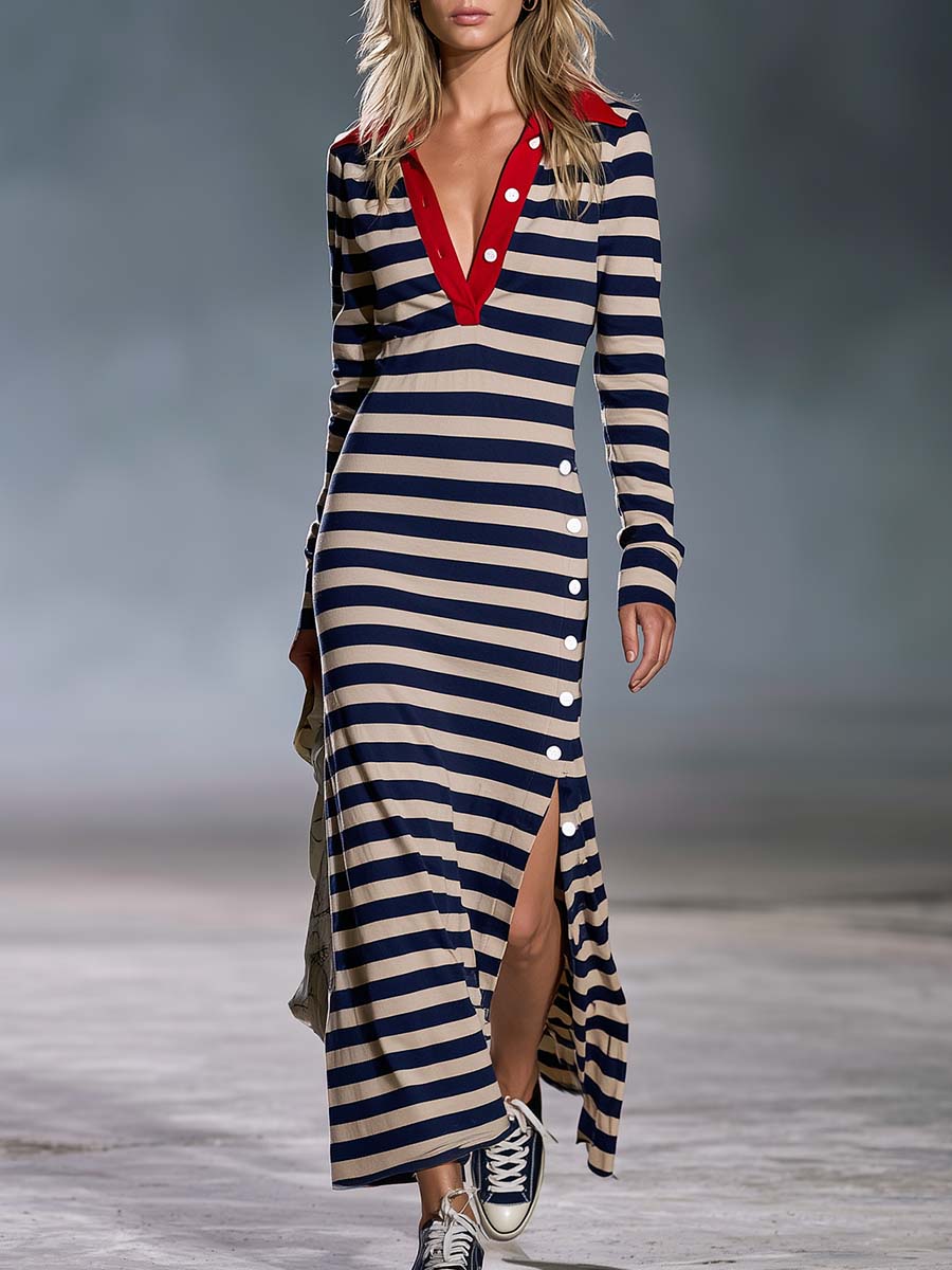 Vestido largo tipo polo náutico con abertura