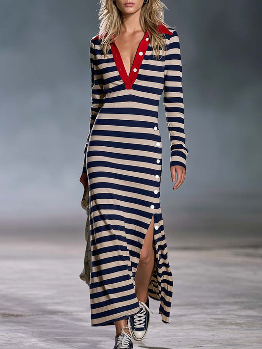 Vestido largo tipo polo náutico con abertura