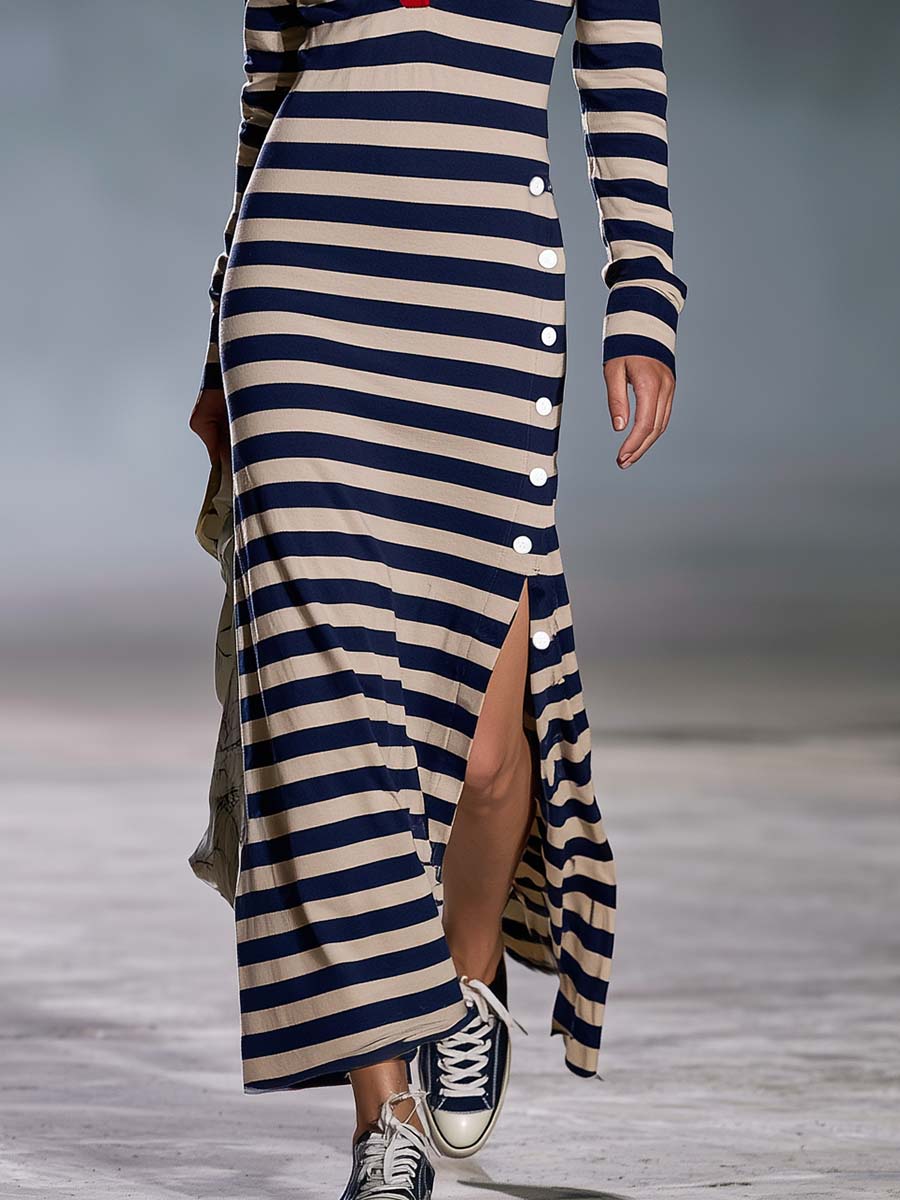 Vestido largo tipo polo náutico con abertura