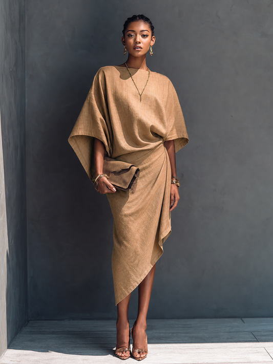 Vestido midi asimétrico drapeado minimalista