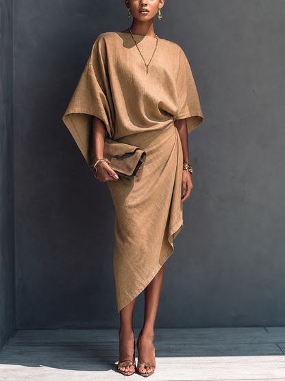 Vestido midi asimétrico drapeado minimalista