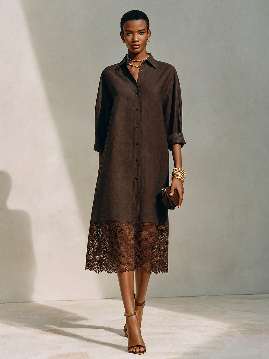 Vestido camisa midi con dobladillo festoneado