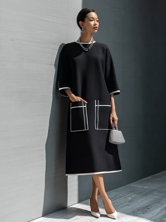 Vestido midi con bolsillo y costuras en contraste