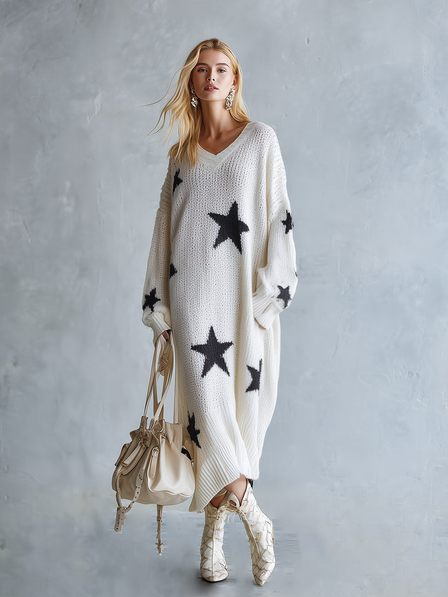Vestido maxi de punto con estampado de estrellas y corte extragrande