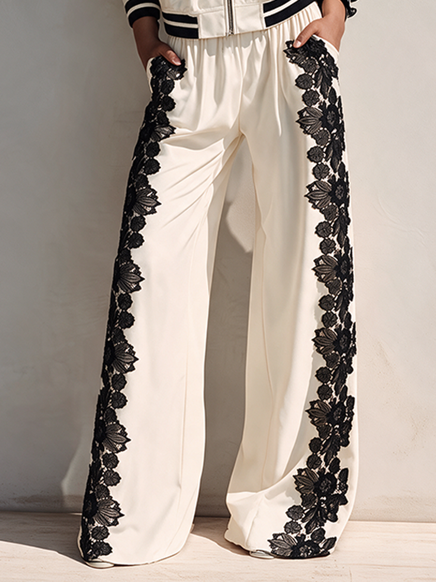 Conjunto de pierna ancha con panel de encaje