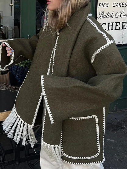 Chaqueta drapeada de mezcla de flecos con bufanda