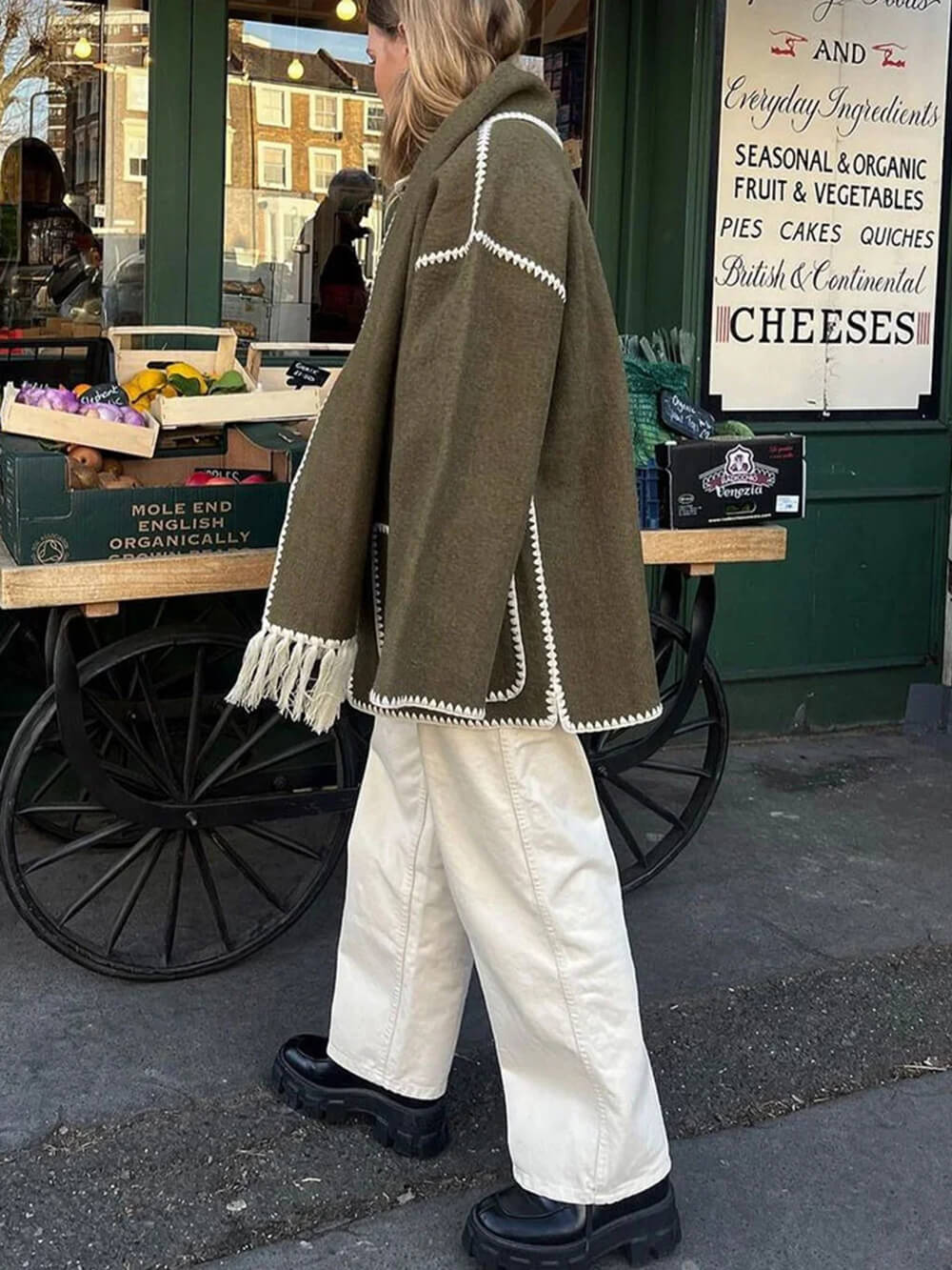 Chaqueta drapeada de mezcla de flecos con bufanda