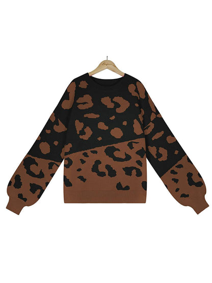 Suéter de punto con cuello redondo y estampado de leopardo elegante