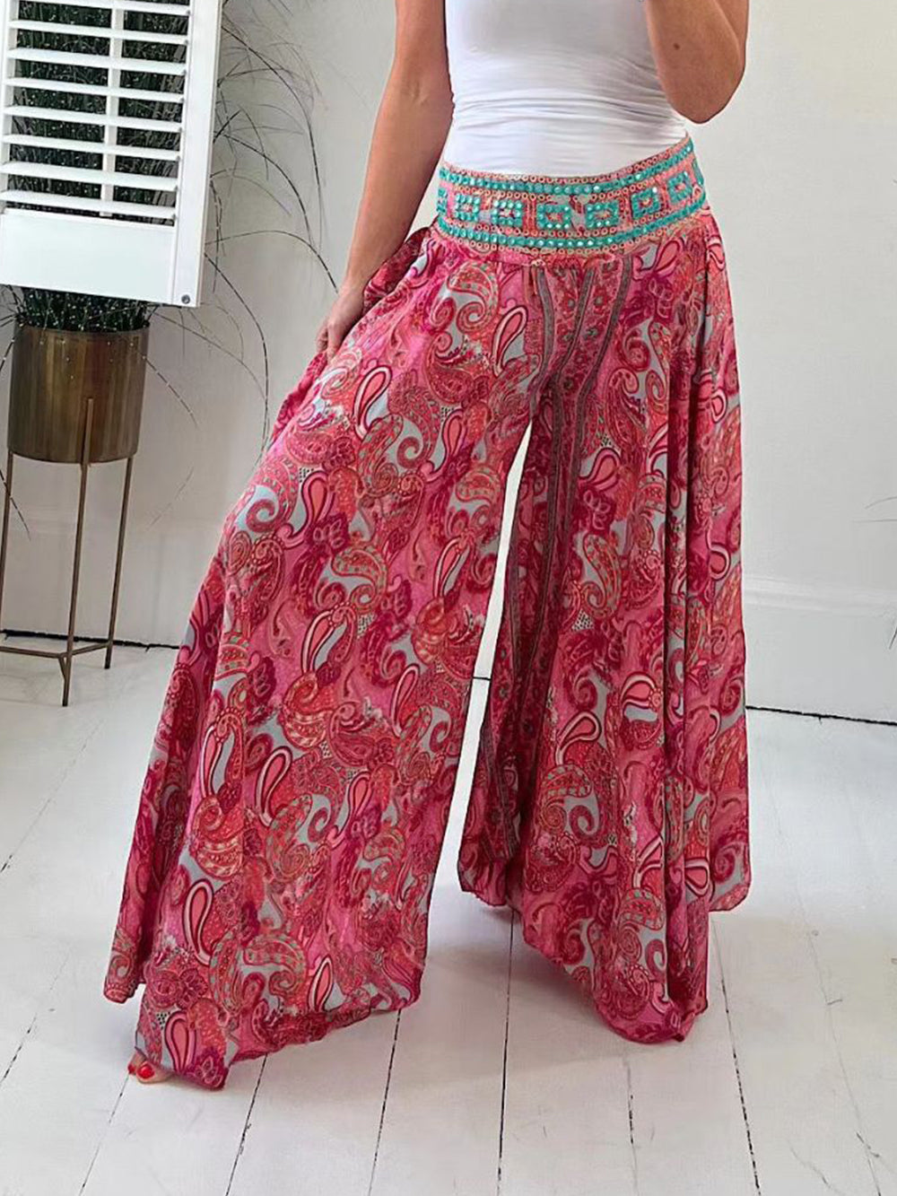 Bengalas de pierna ancha con estampado de cachemira étnica