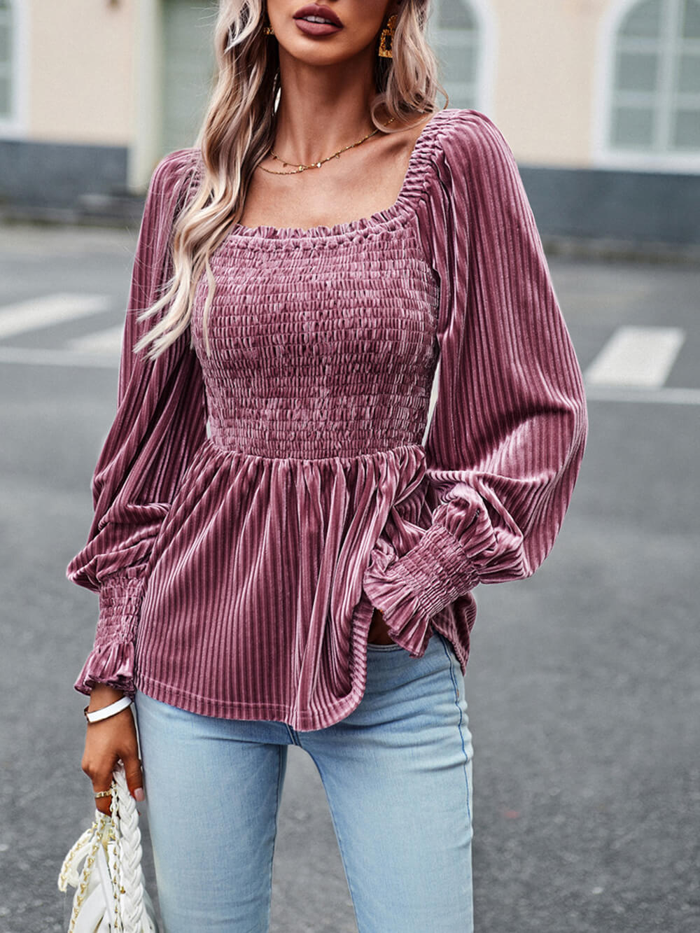 Top babydoll de terciopelo ahumado con escote cuadrado