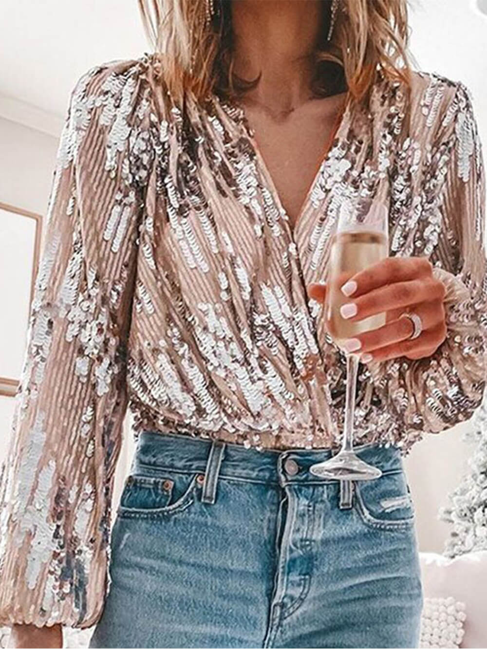 Blusas elegantes con cuello en V y lentejuelas con pliegues de retazos