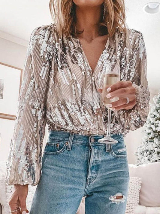 Blusas elegantes con cuello en V y lentejuelas con pliegues de retazos