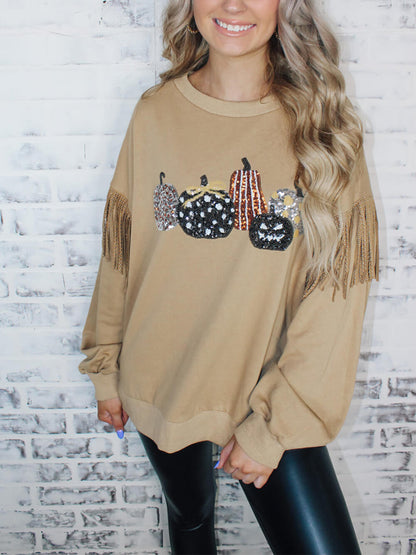 Top de manga con flecos y lentejuelas de calabaza