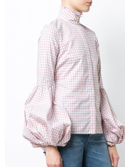 Camisa de manga larga abullonada con cuello alto a cuadros