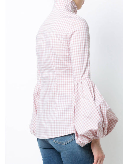 Camisa de manga larga abullonada con cuello alto a cuadros
