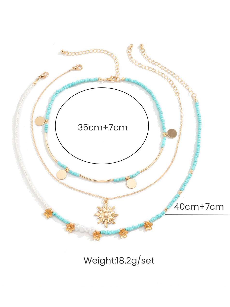 3 piezas collar con cuentas y perla artificial floral y sol